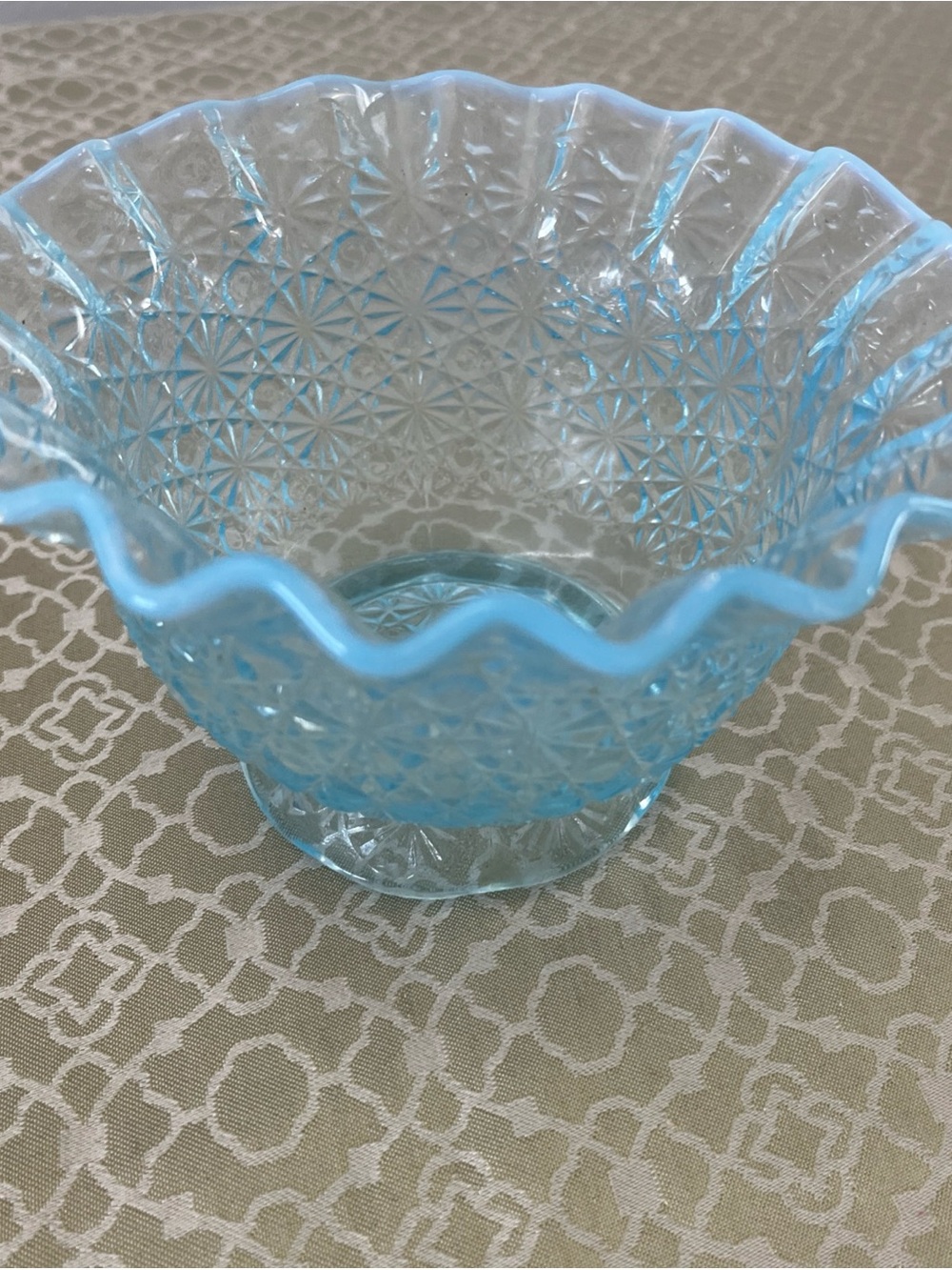 Blue opal Ruffled Edge Pressed Cut Glass Candy Bowl